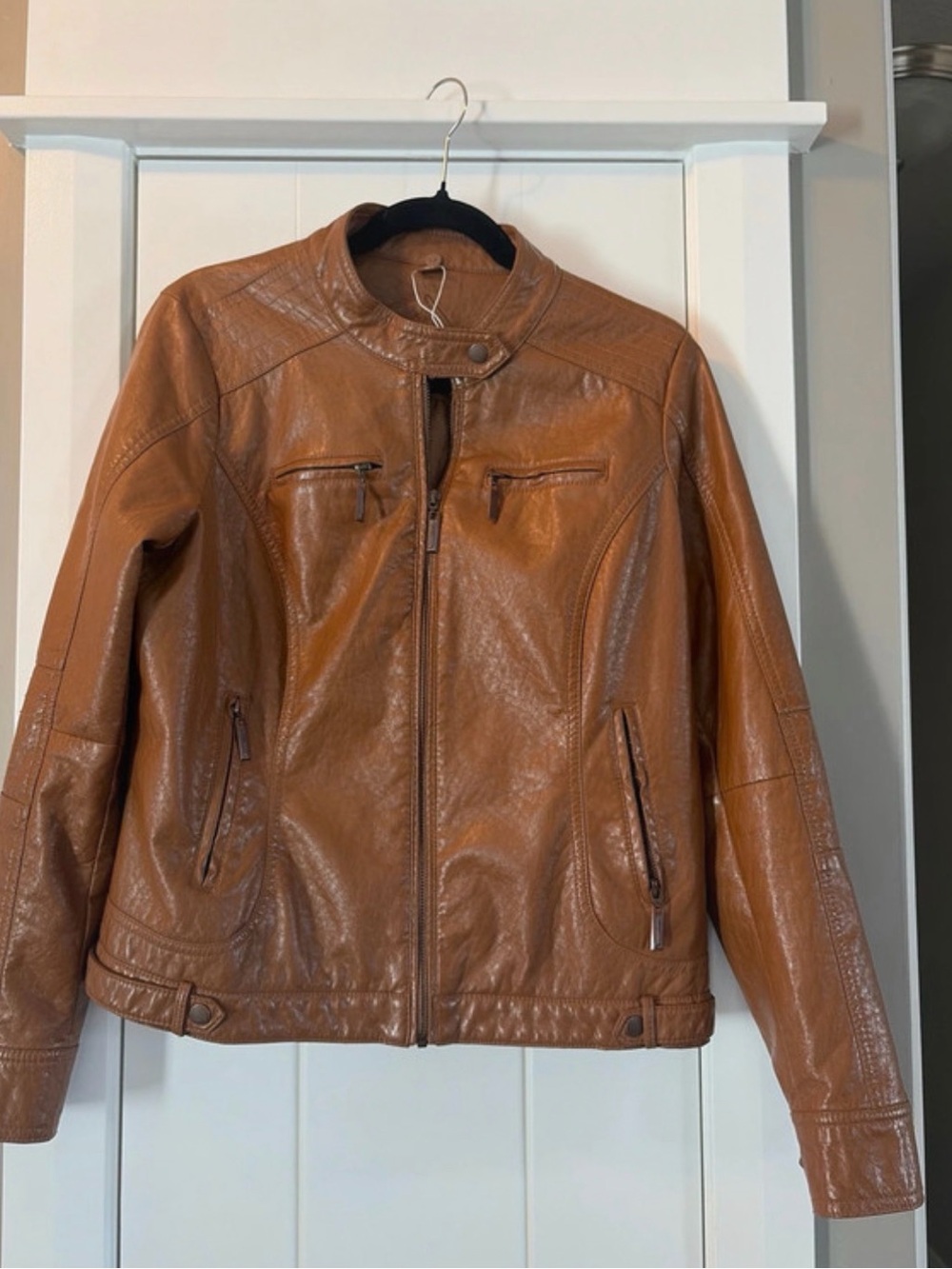 Women's Tan Faux Leather Moto Jacket with Zip Pockets